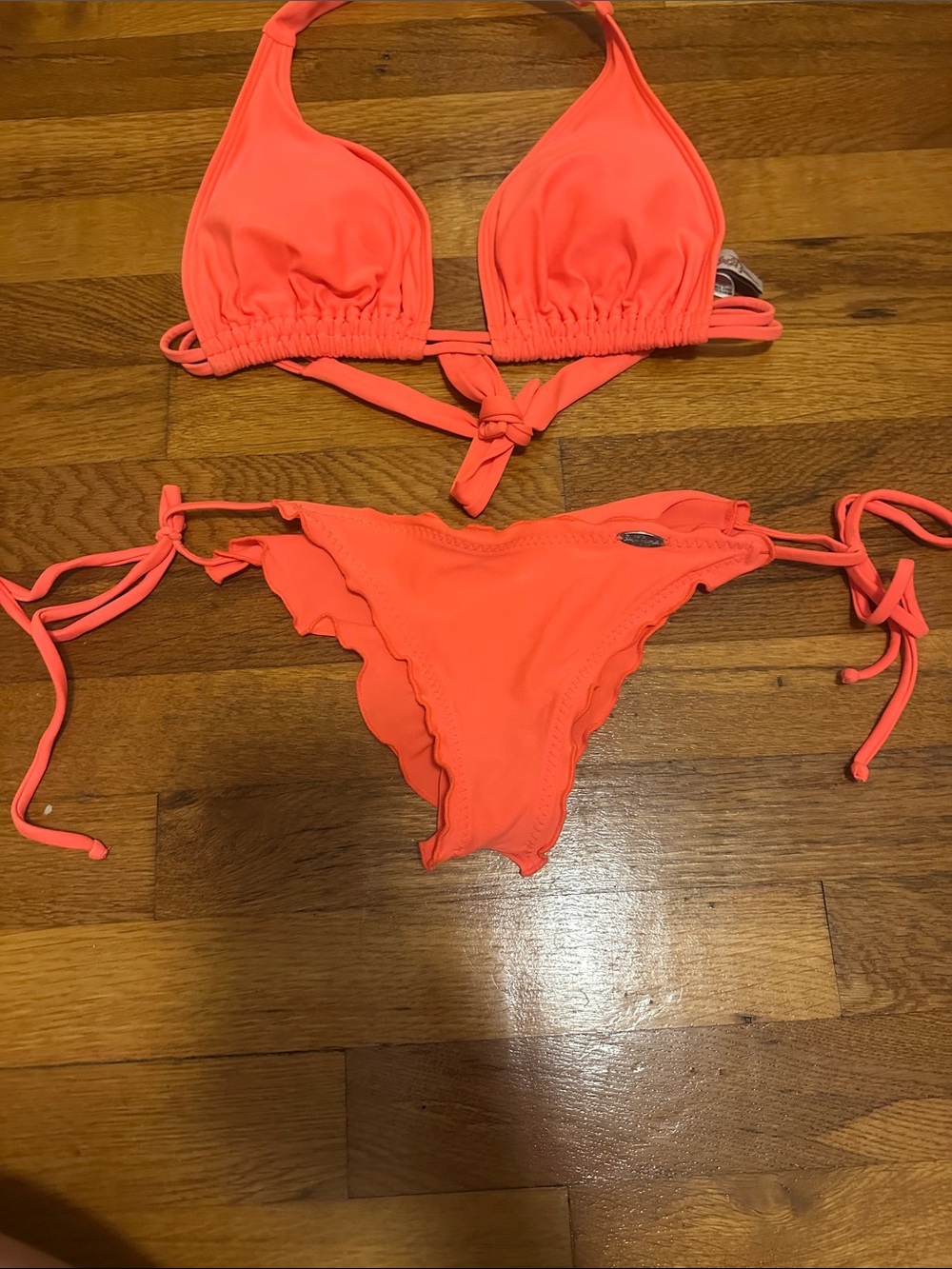 Luli Fama Neon Coral Ruffle-Edge Tie Bikini SET - Picture 8 of 12